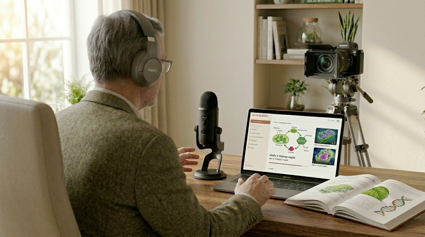 Curso online sendo transformado em livro impresso sobre uma mesa de trabalho