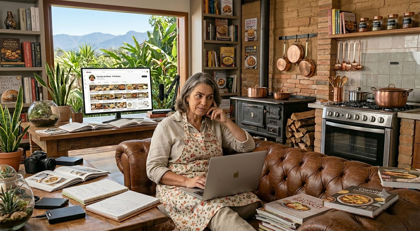 Mesa de trabalho moderna com ferramentas de design editorial, livros expostos e telas digitais de produção