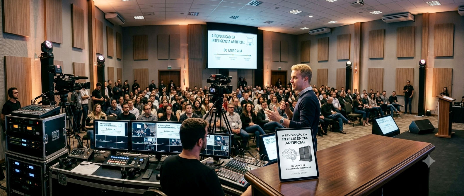 Palestrante no palco e um tablet exibindo a capa do ebook gerado a partir da palestra