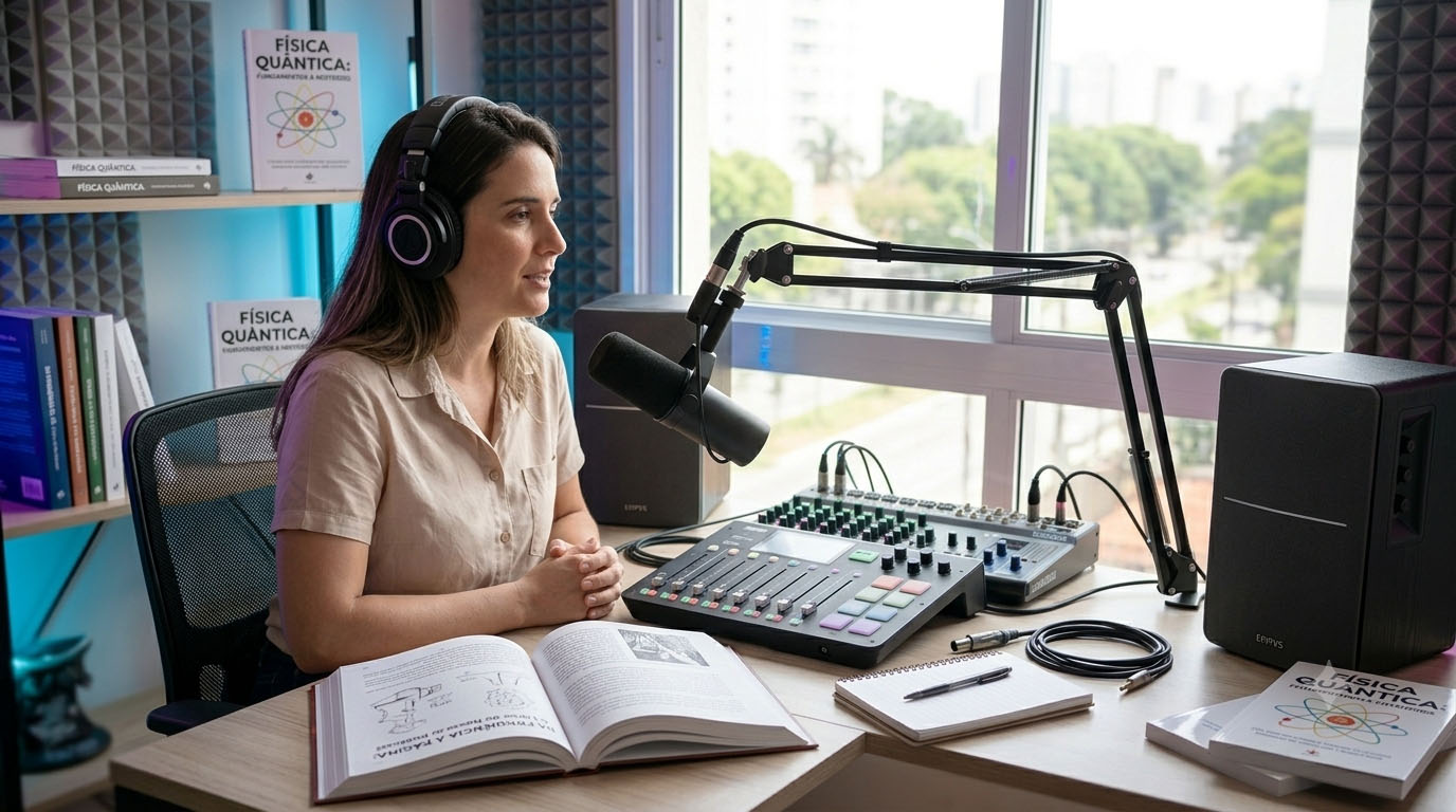Podcaster ao microfone com um livro impresso ao lado, no estúdio