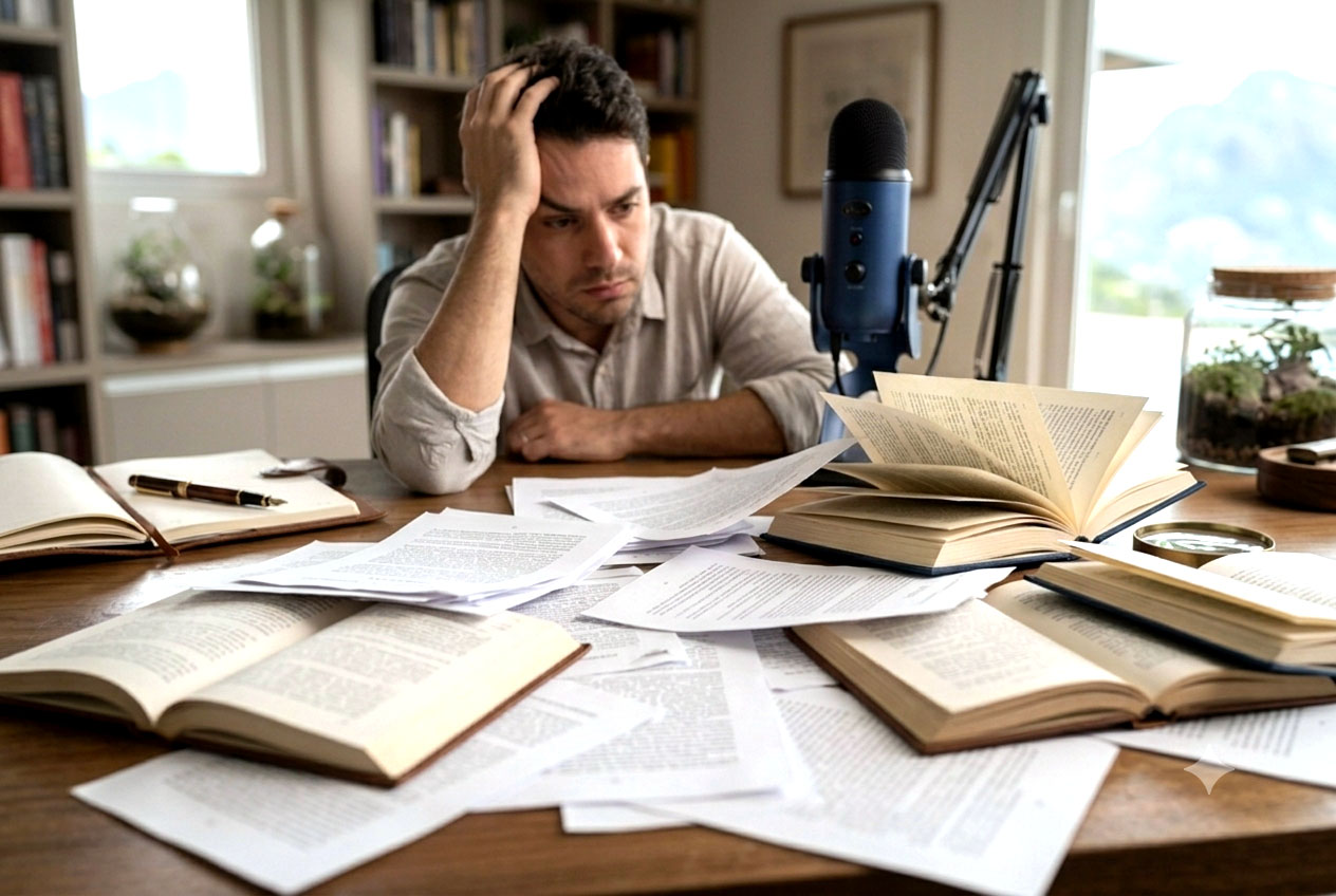 Escritor pensativo diante de uma pilha de folhas impressas e livros abertos sobre a mesa, com material pronto mas sem saber como transformá-lo em livro