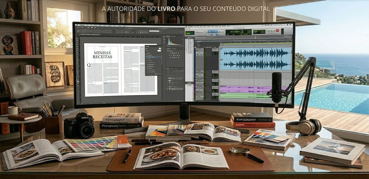 A autoridade do livro para o seu conteúdo digital — estúdio editorial com livro de receitas diagramado no InDesign